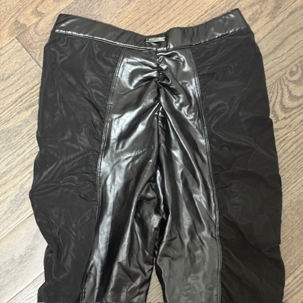 Maniere De Voir Black Vegan Leather Mesh Ruched Pants New See Measurements